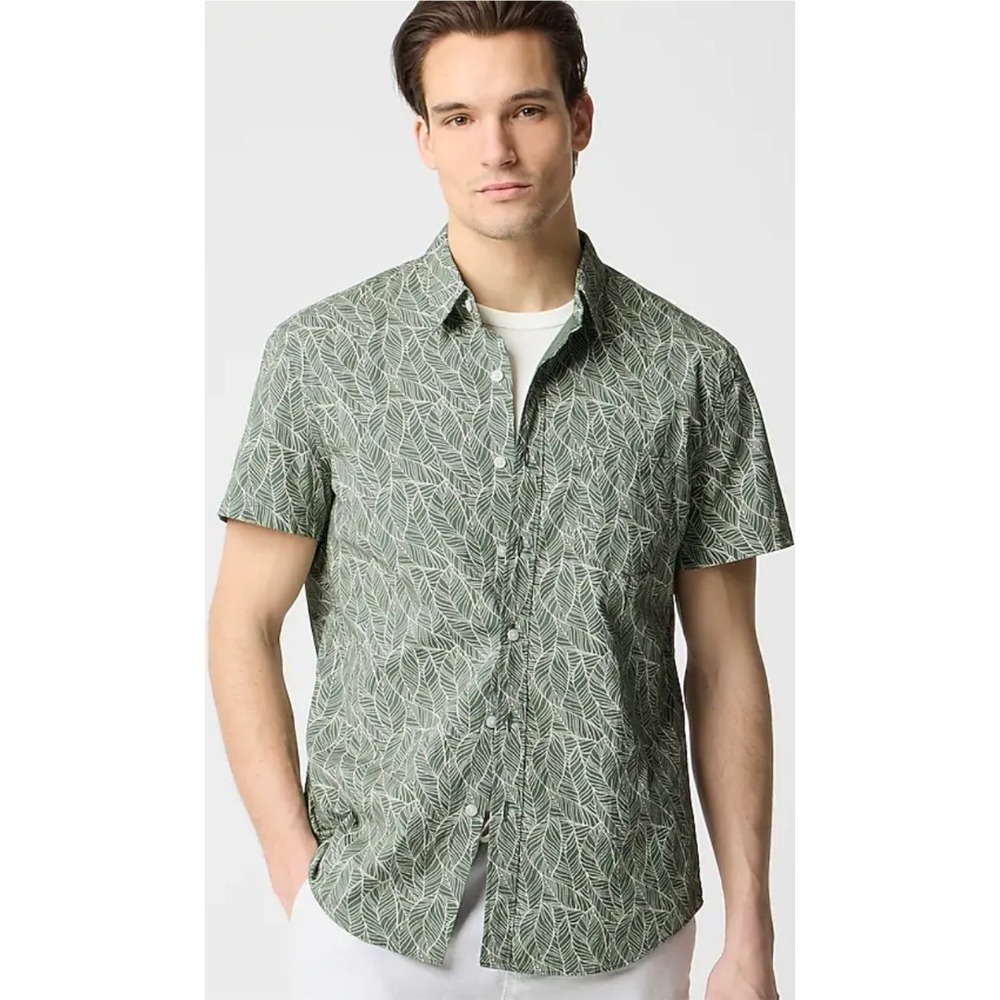 J. Crew Olive Green Leaf-Print Short-Sleeve Button-Down Shirt